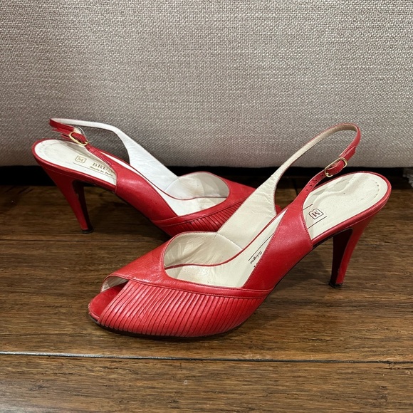 Women's Vintage 80s Bruno Magli Sling Open Toe Suede & Leather Red Heels 8 AA - Picture 3 of 7